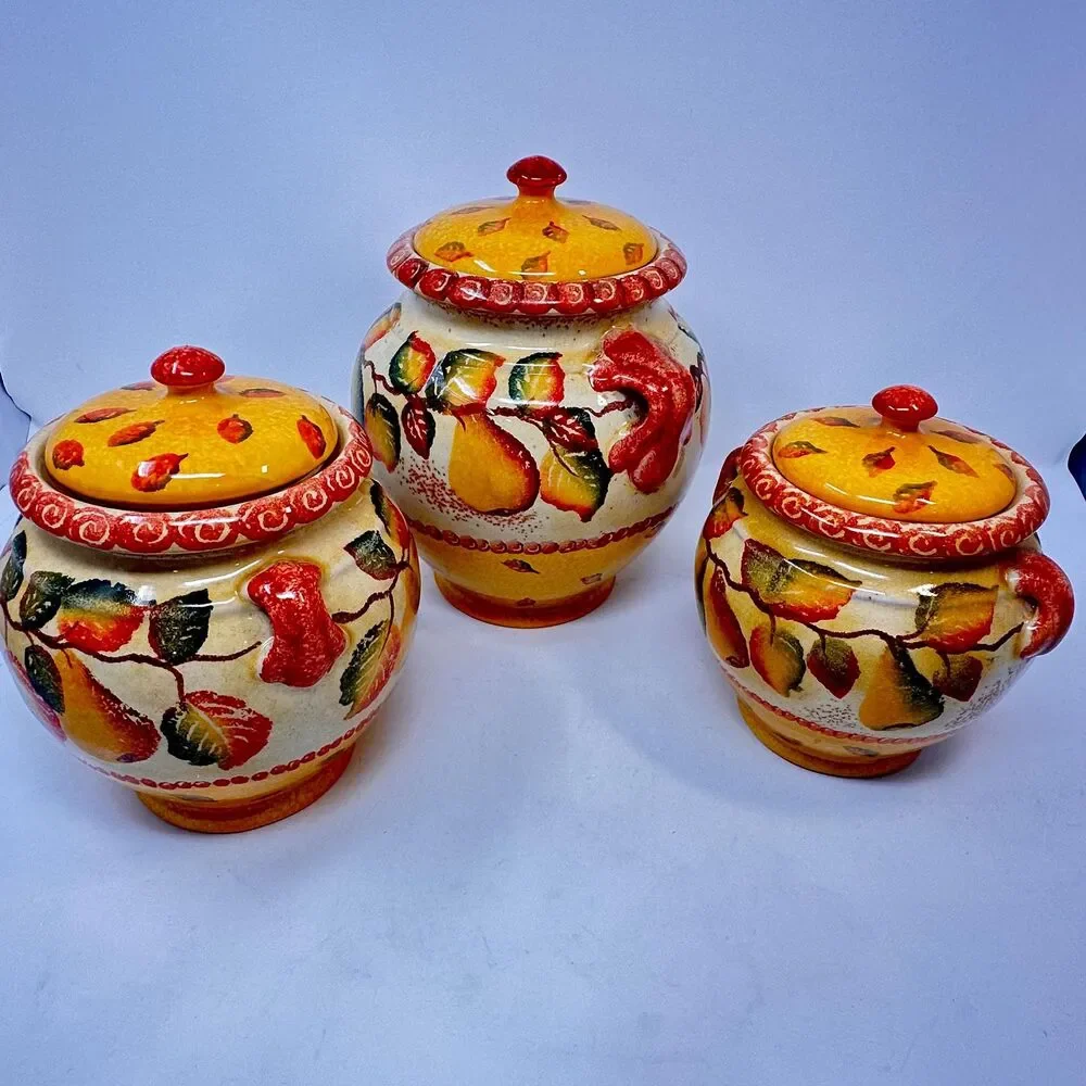 Vintage Williams Sonoma Italian Ceramic Kitchen Canisters Tuscan Pear Set of 3